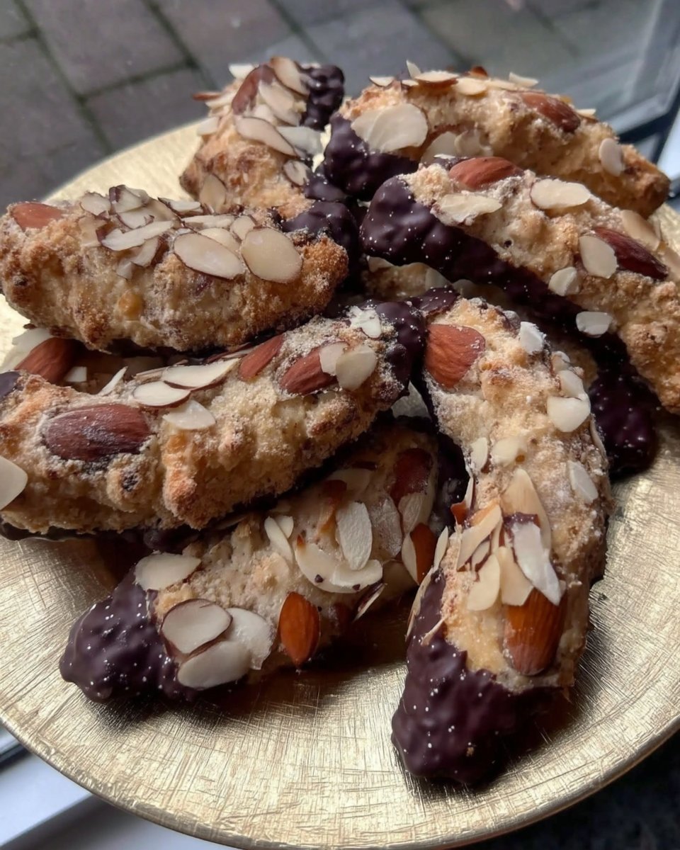 Almond horn cookie next to a cup of hot coffee