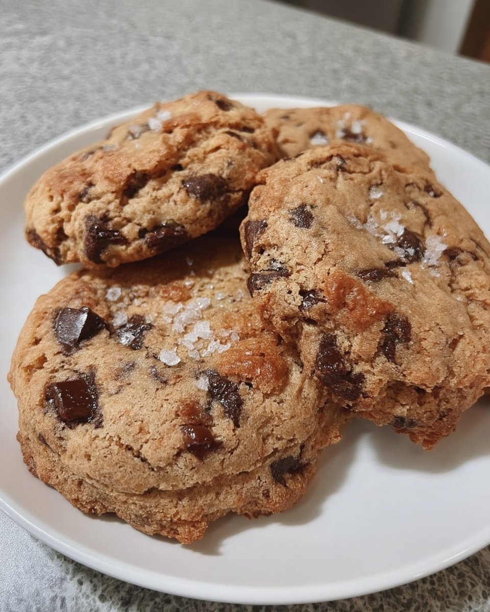 Stack of thick bakery style chocolate chip cookies with melted chocolate pools