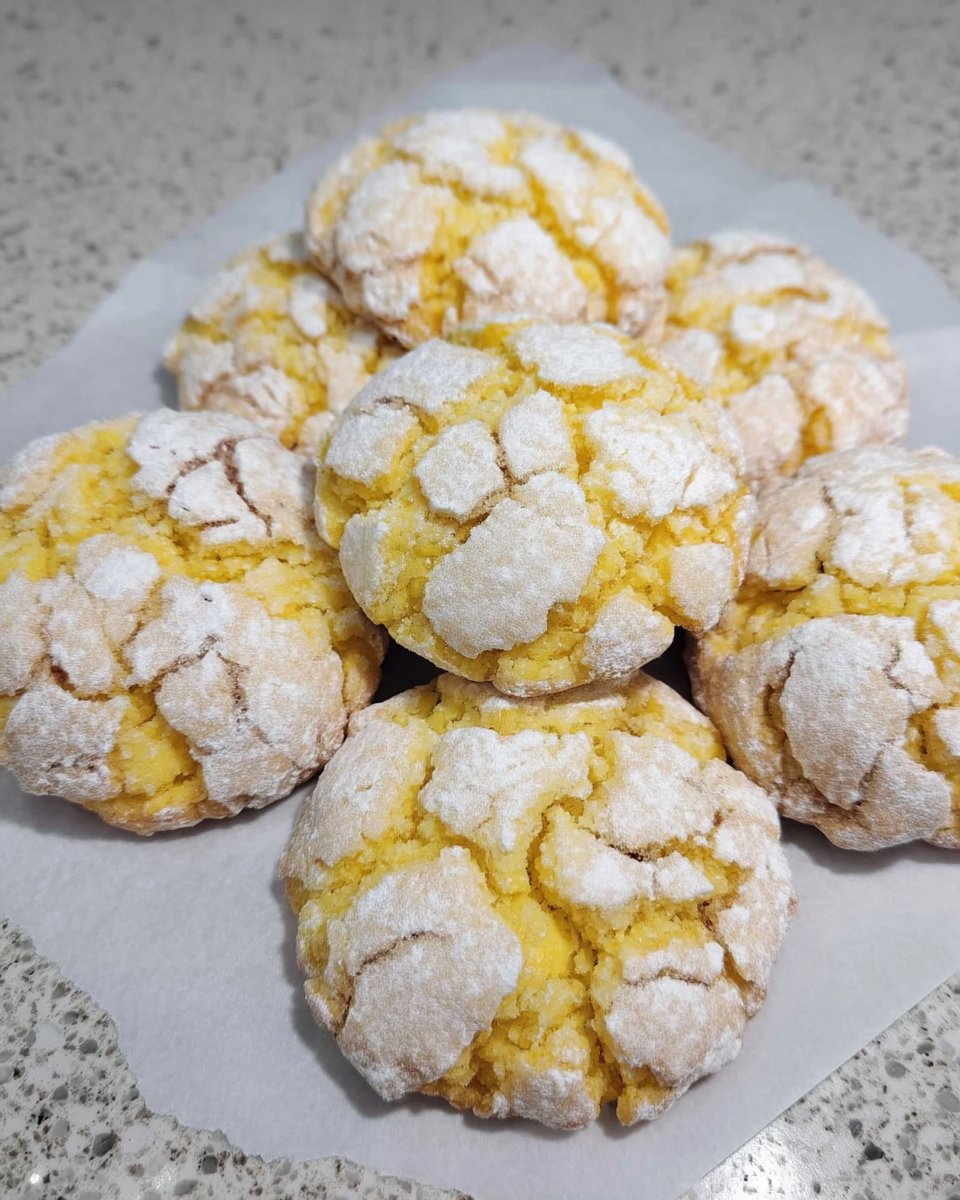 A close up of lemon cake mix cookie dough being mixed in a glass bowl