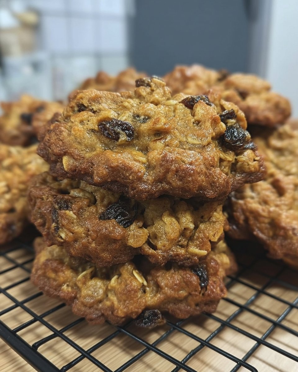 A tray of freshly baked chewy oatmeal cookies cooling on a wire rack with chocolate chips