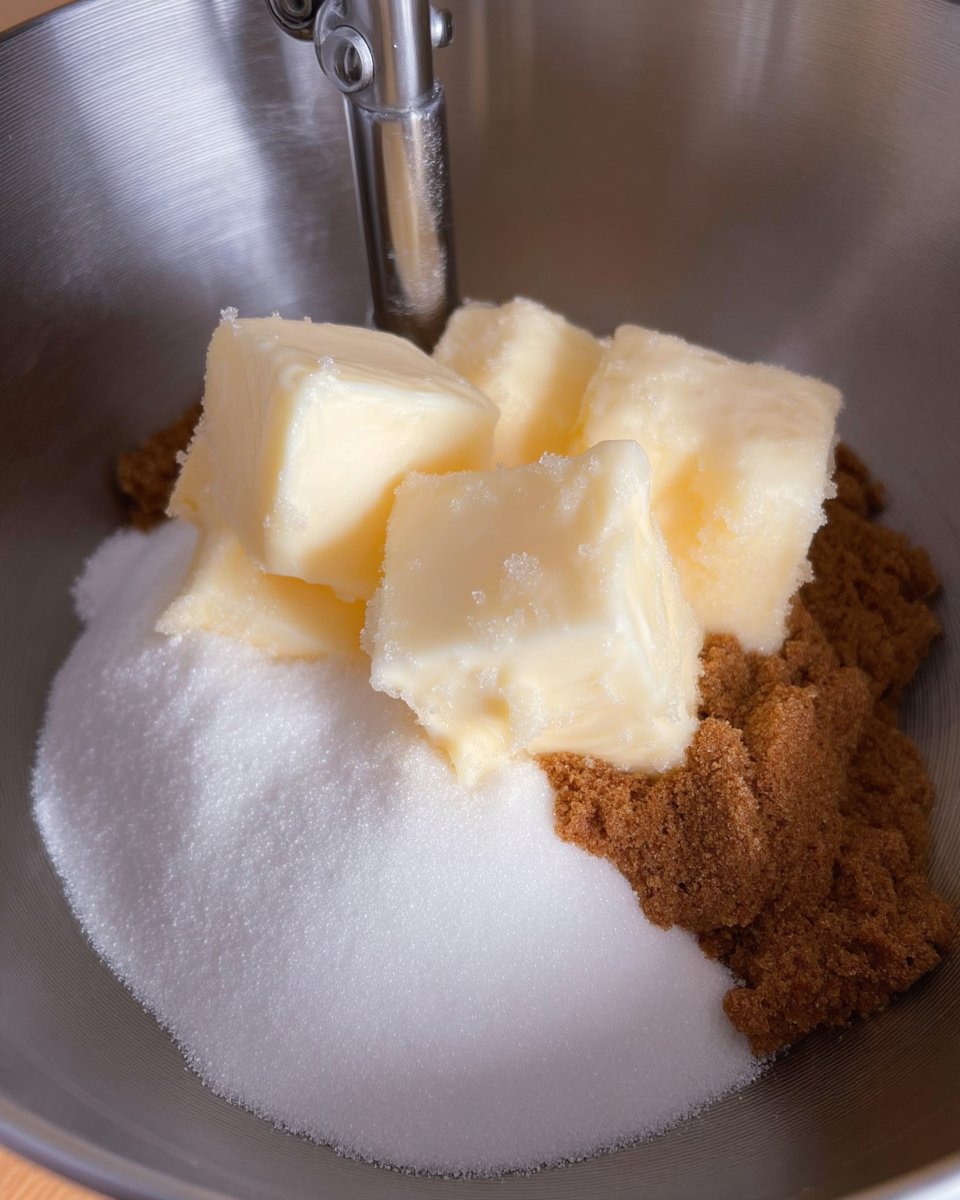 Glass bowls containing measured flour, brown sugar, and room temperature eggs