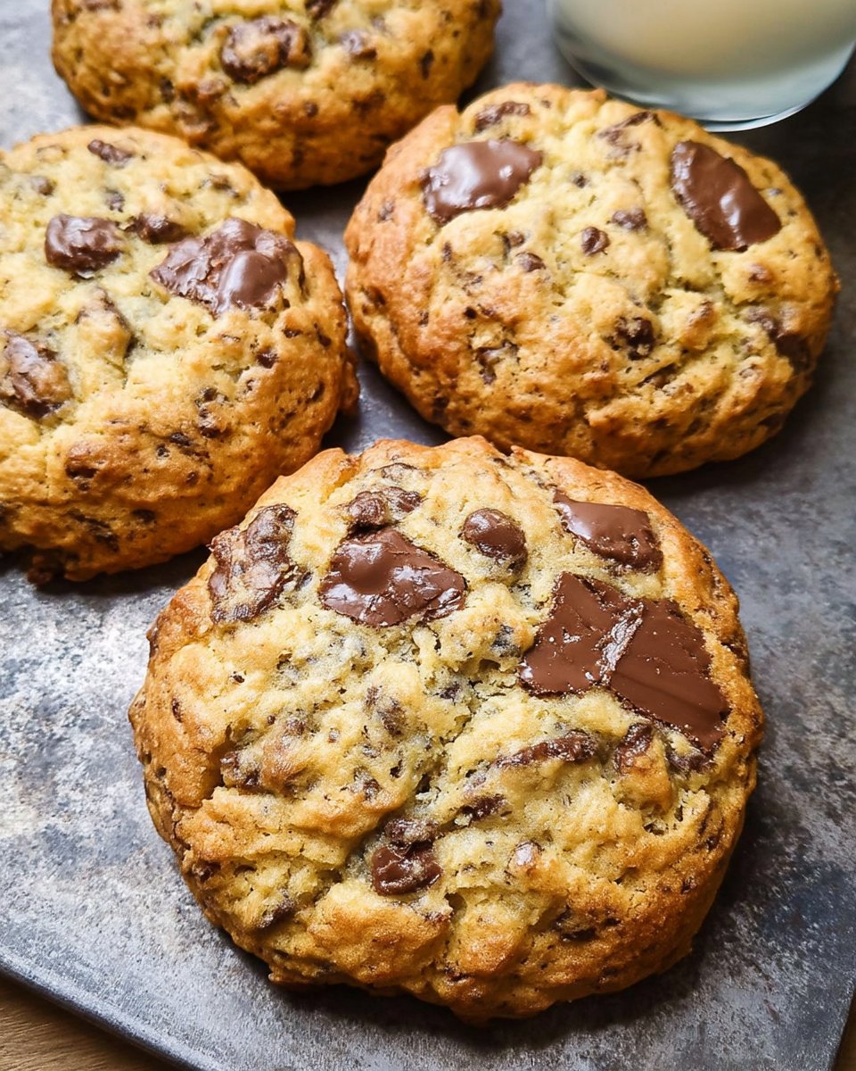 A stack of golden brown chocolate chip cookies with melted chocolate chips