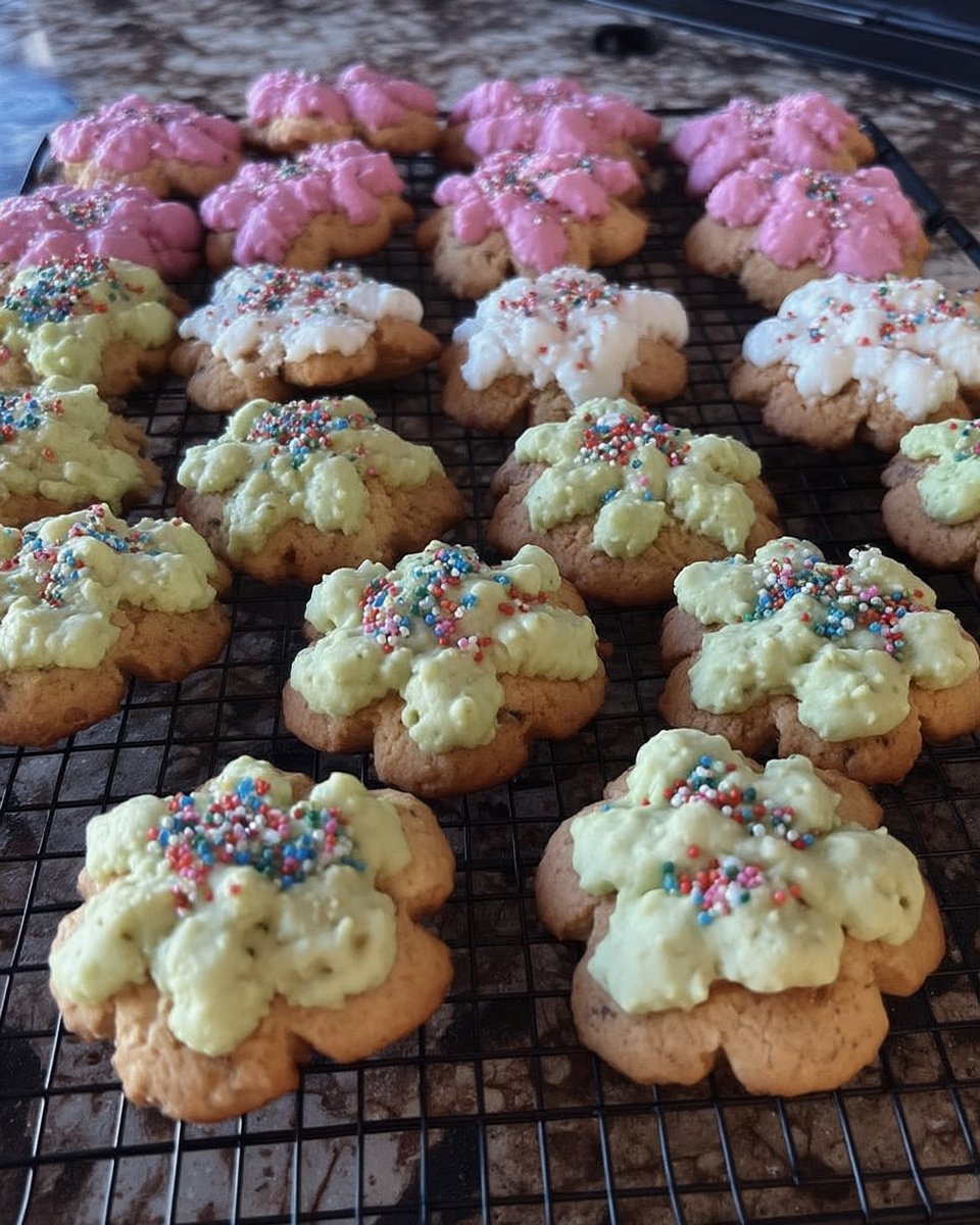 Cream cheese spritz cookies shaped like trees and wreaths on a cooling rack