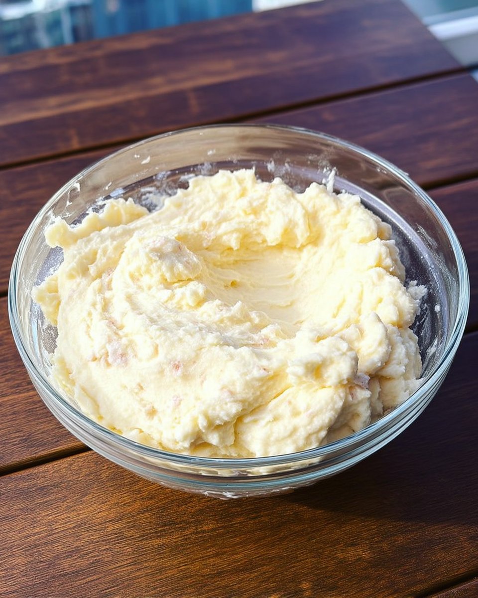 Ingredients for spritz cookies including butter cream cheese and flour on a wooden board