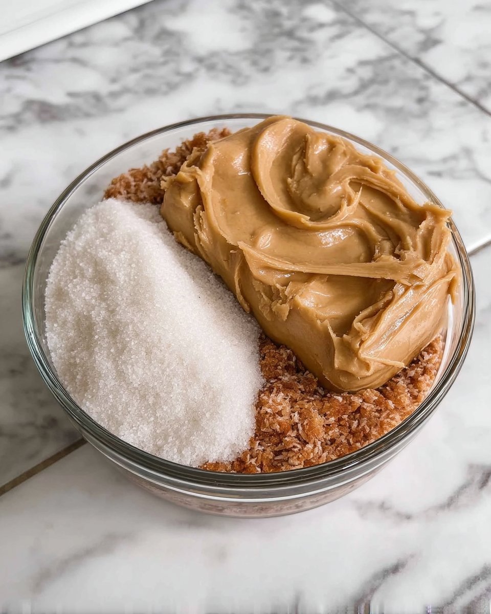 Ingredients for flourless peanut butter cookies including a jar of peanut butter and vanilla extract.