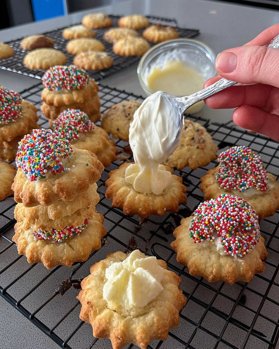 Finished fairy cookies with white frosting and colorful sprinkles