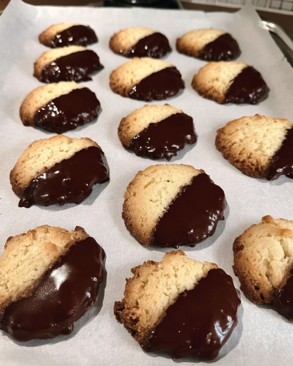 Dipped shortbread cookies arranged on a festive holiday platter