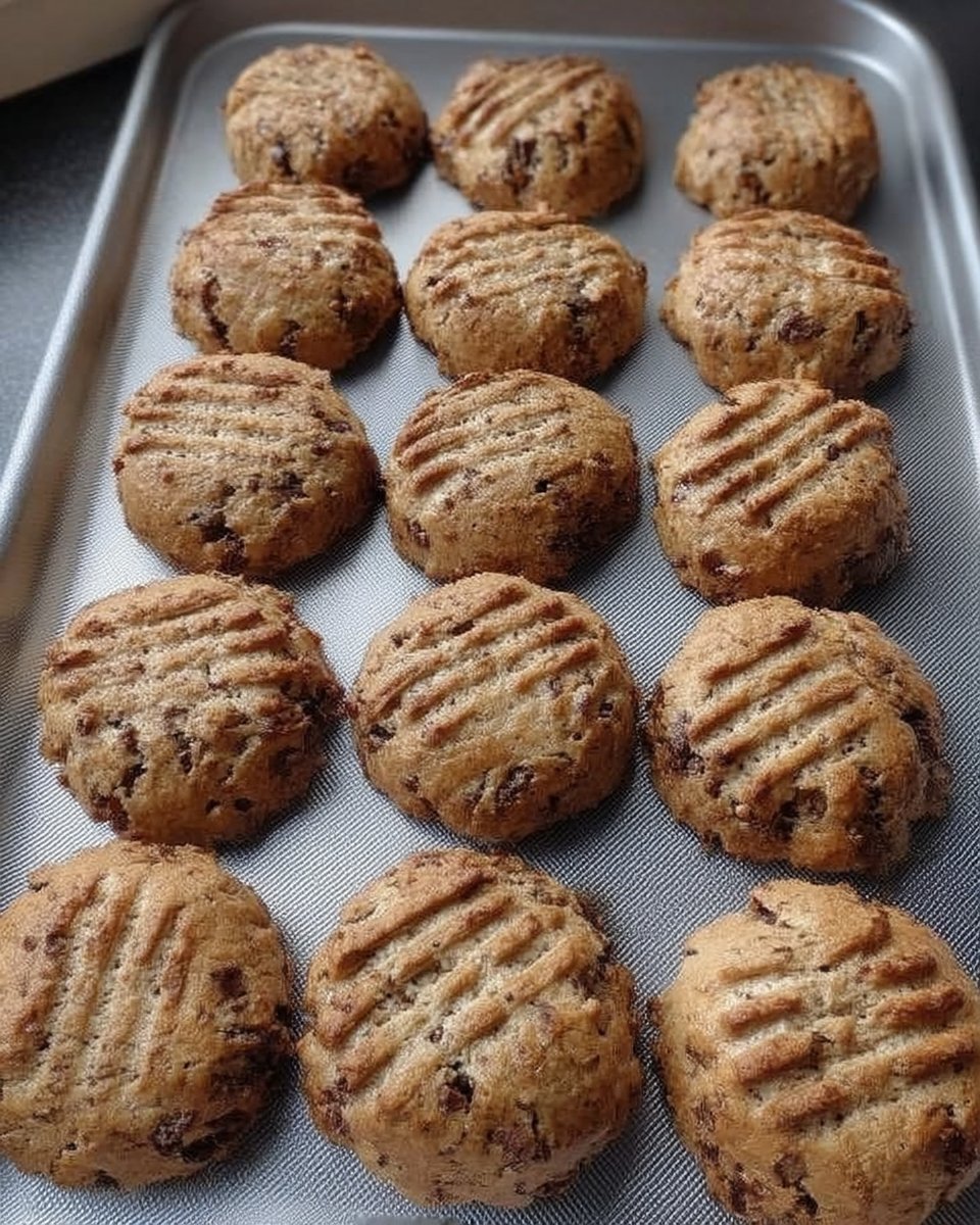 A close up of a fork creating a crisscross pattern on a ball of peanut butter cookie dough