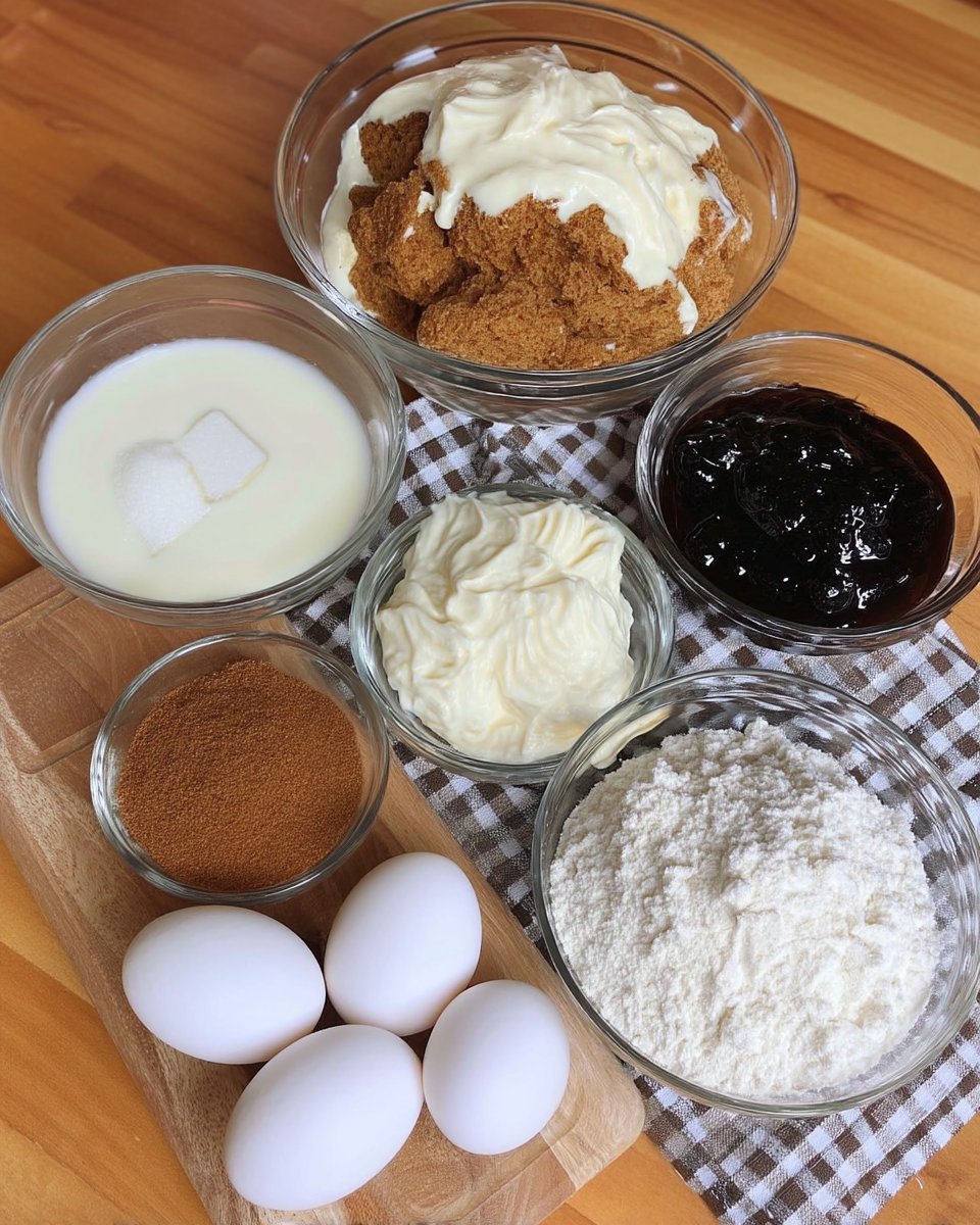 Ingredients for doctored gingerbread cake including sour cream and molasses