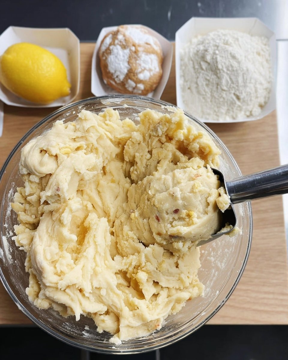 Measured ingredients for lemon cookies including 286 grams of flour and fresh lemon zest