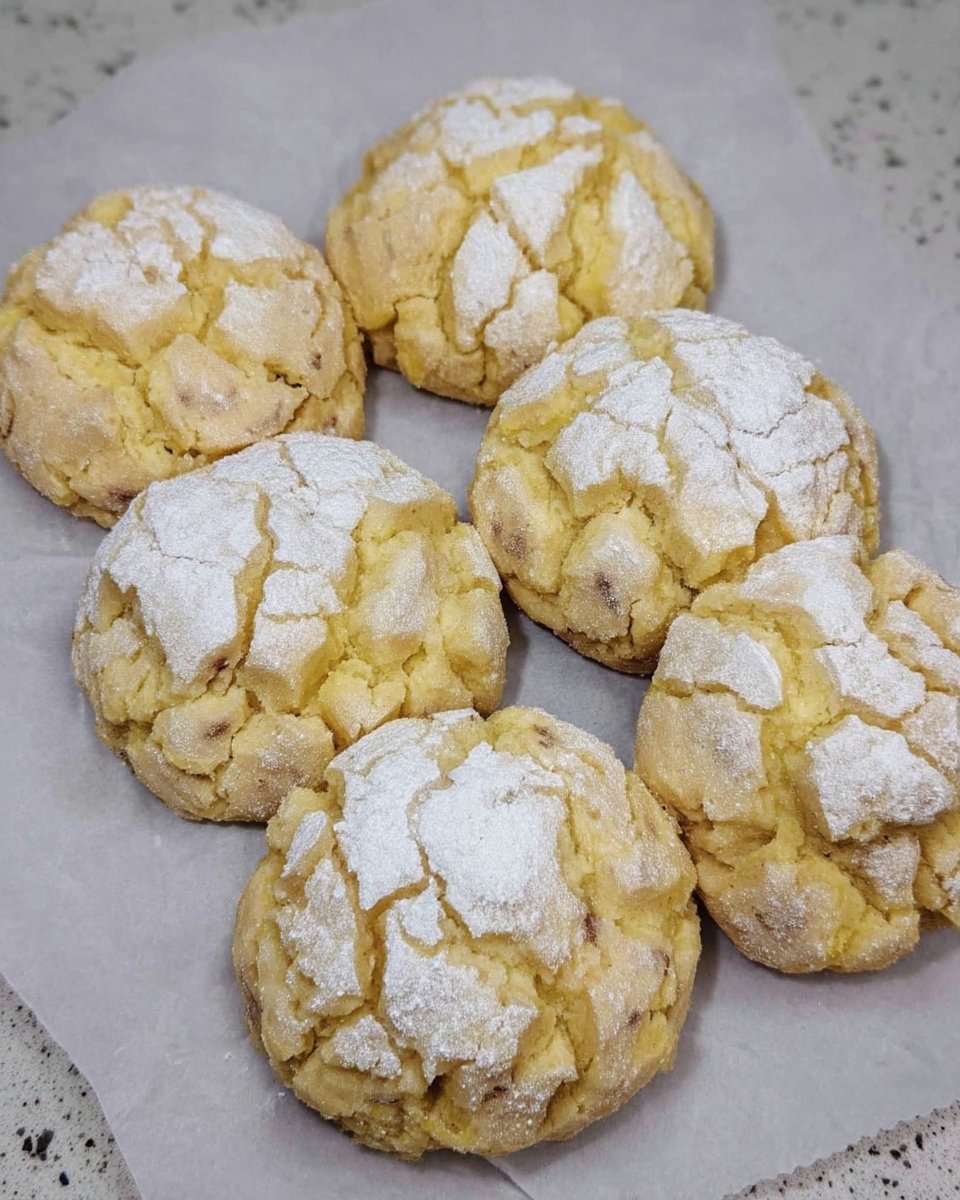 A stack of lemon cake mix cookies with powdered sugar crinkles on a cooling rack