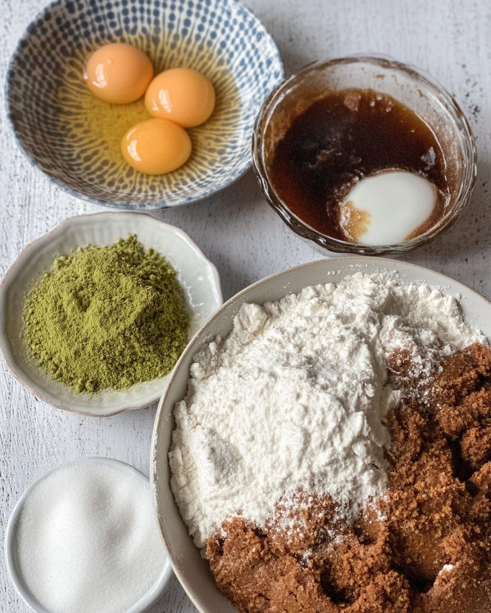Ingredients for matcha cookies including green tea powder and butter