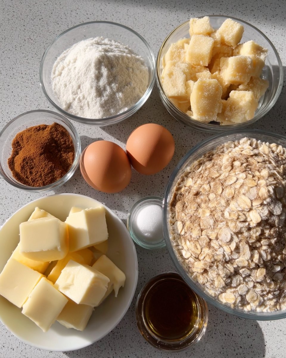 Ingredients for chewy oatmeal cookies including oats brown sugar and molasses