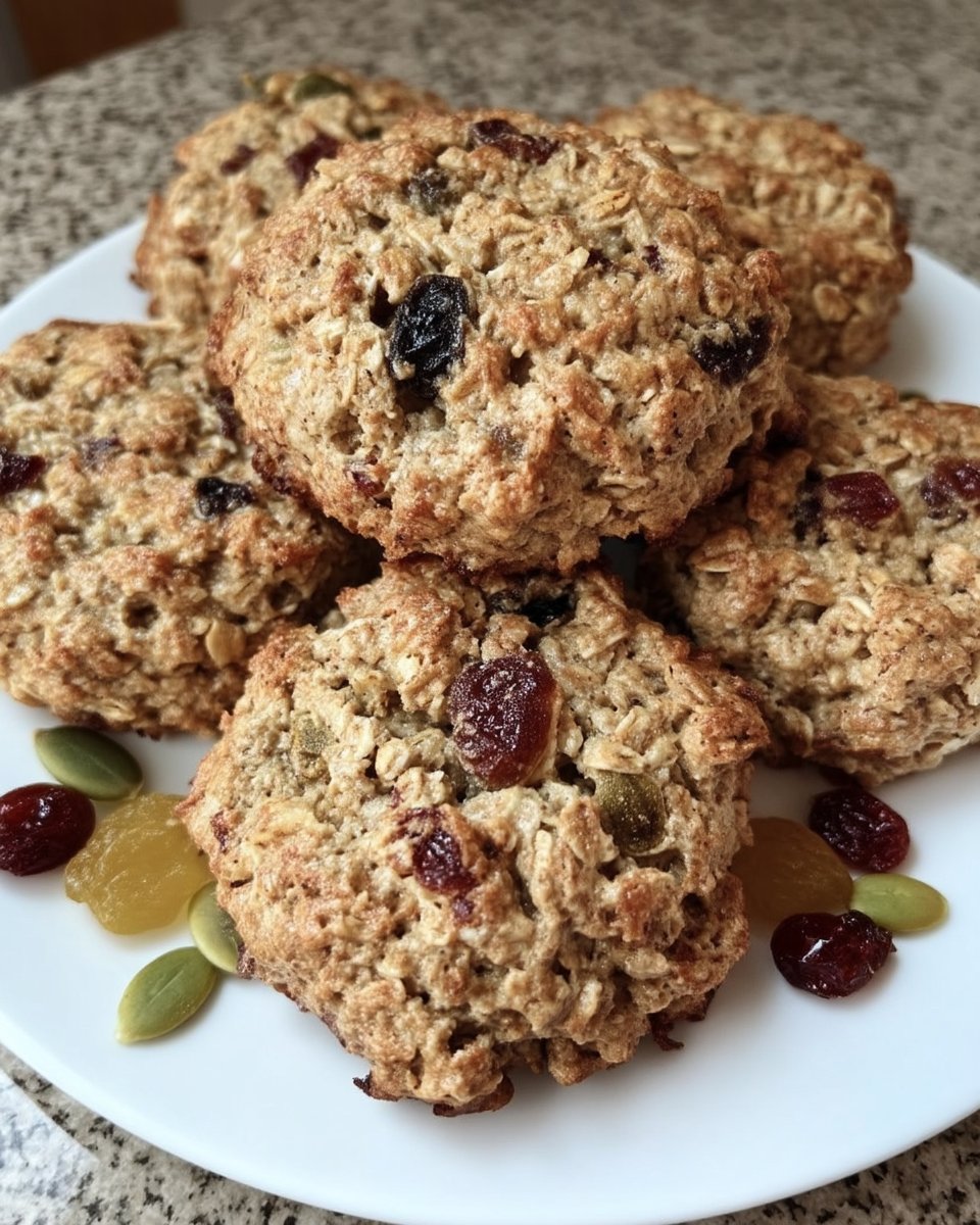 Soft oatmeal raisin cranberry cookies stacked on a plate with spices nearby