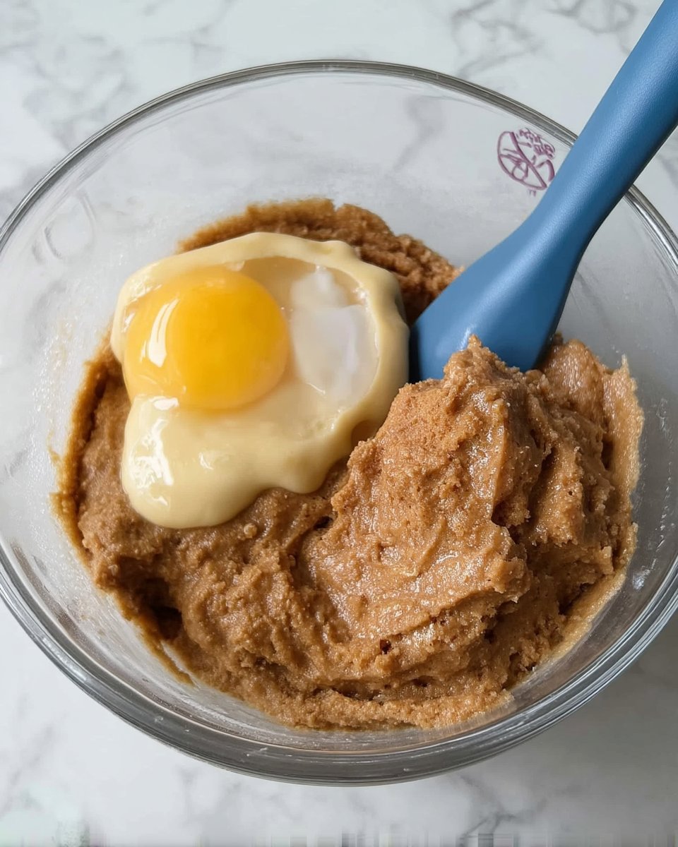 A bowl of creamy peanut butter next to a cup of sugar and a fresh egg
