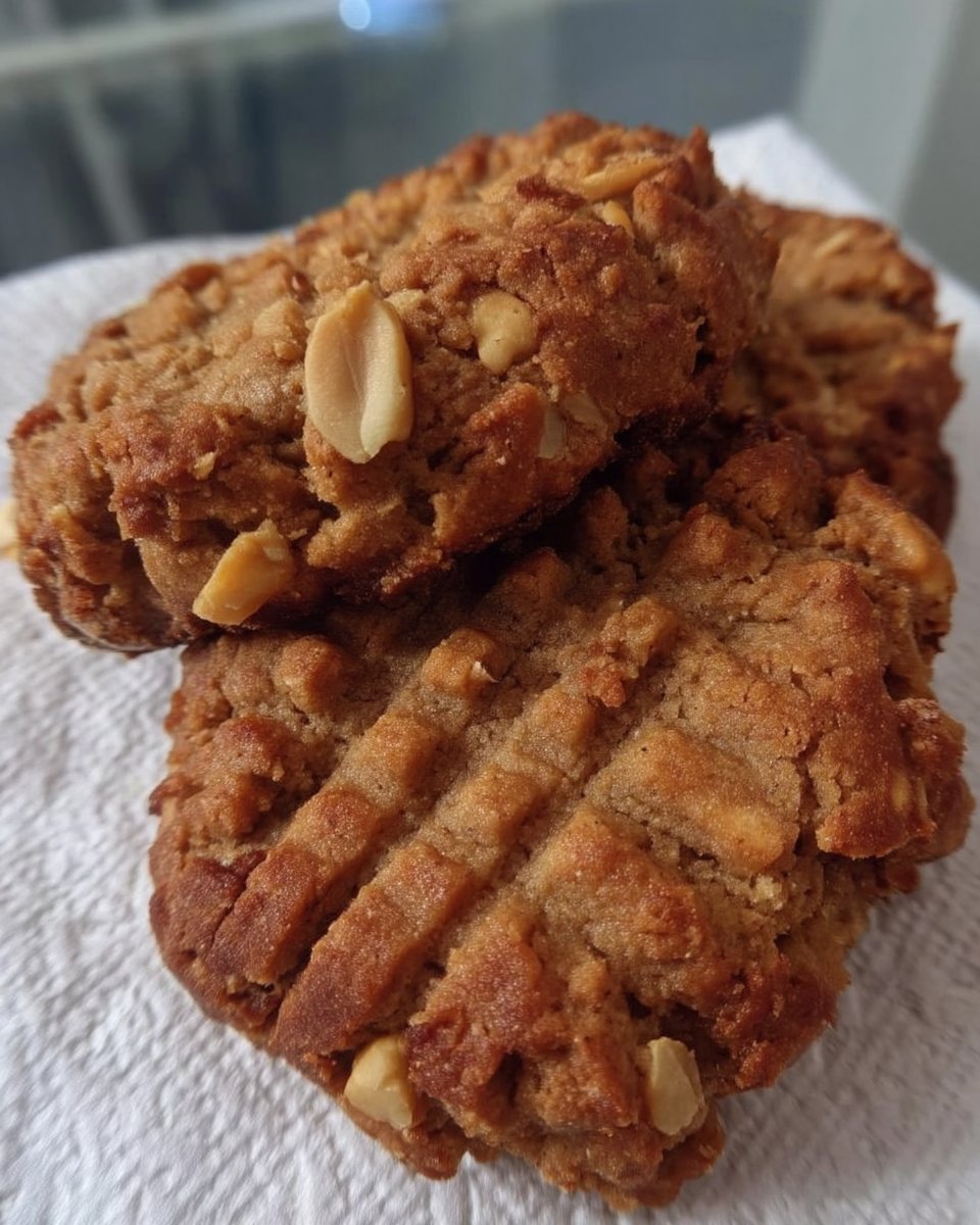 Flourless peanut butter cookies stacked next to a glass of cold milk.