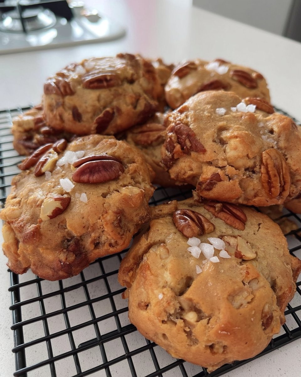 Golden brown pecan shortbread cookies cooling on a wire rack