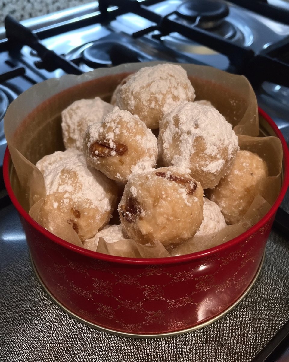 Pecan snowballs served next to a steaming cup of tea