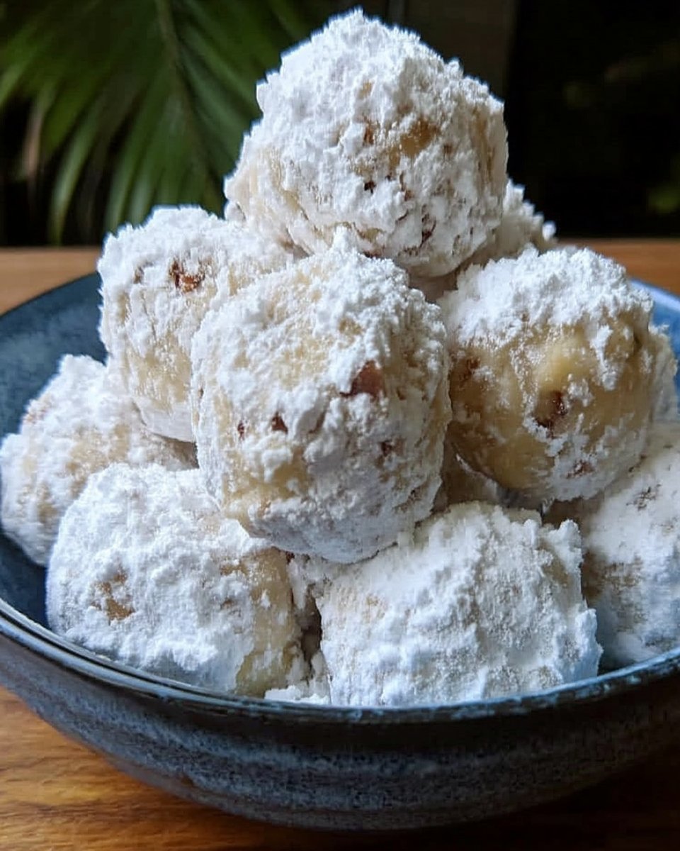 Classic pecan snowballs stacked on a plate with powdered sugar