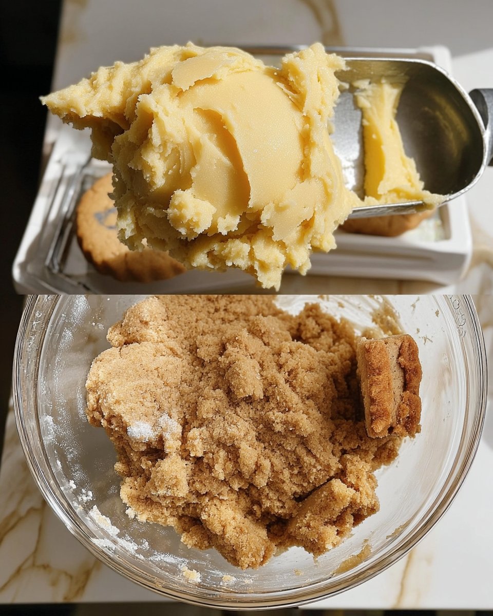 A thick white lemon glaze being whisked in a glass bowl to a pourable consistency