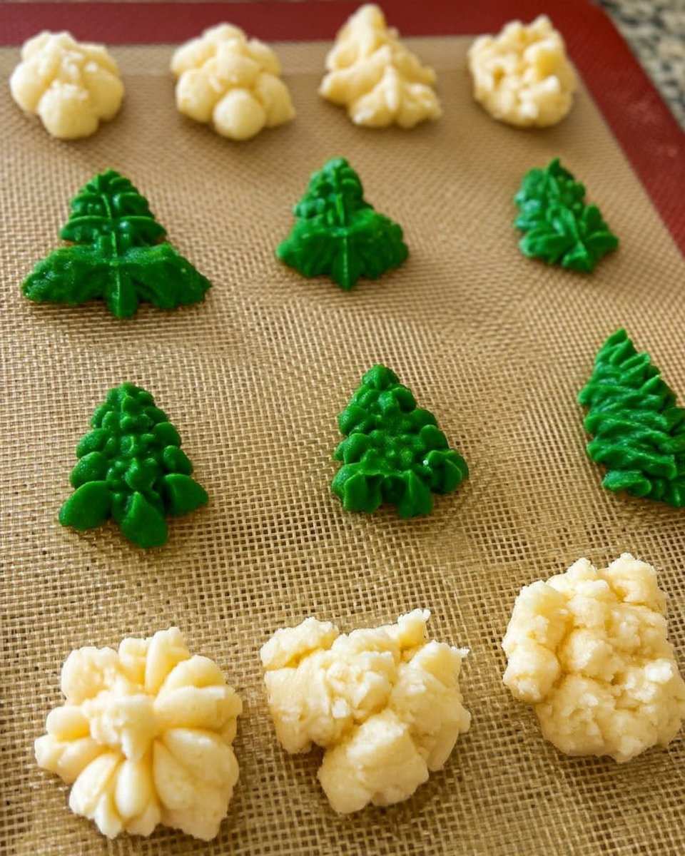 Cookie press dispensing spritz dough onto an ungreased baking sheet