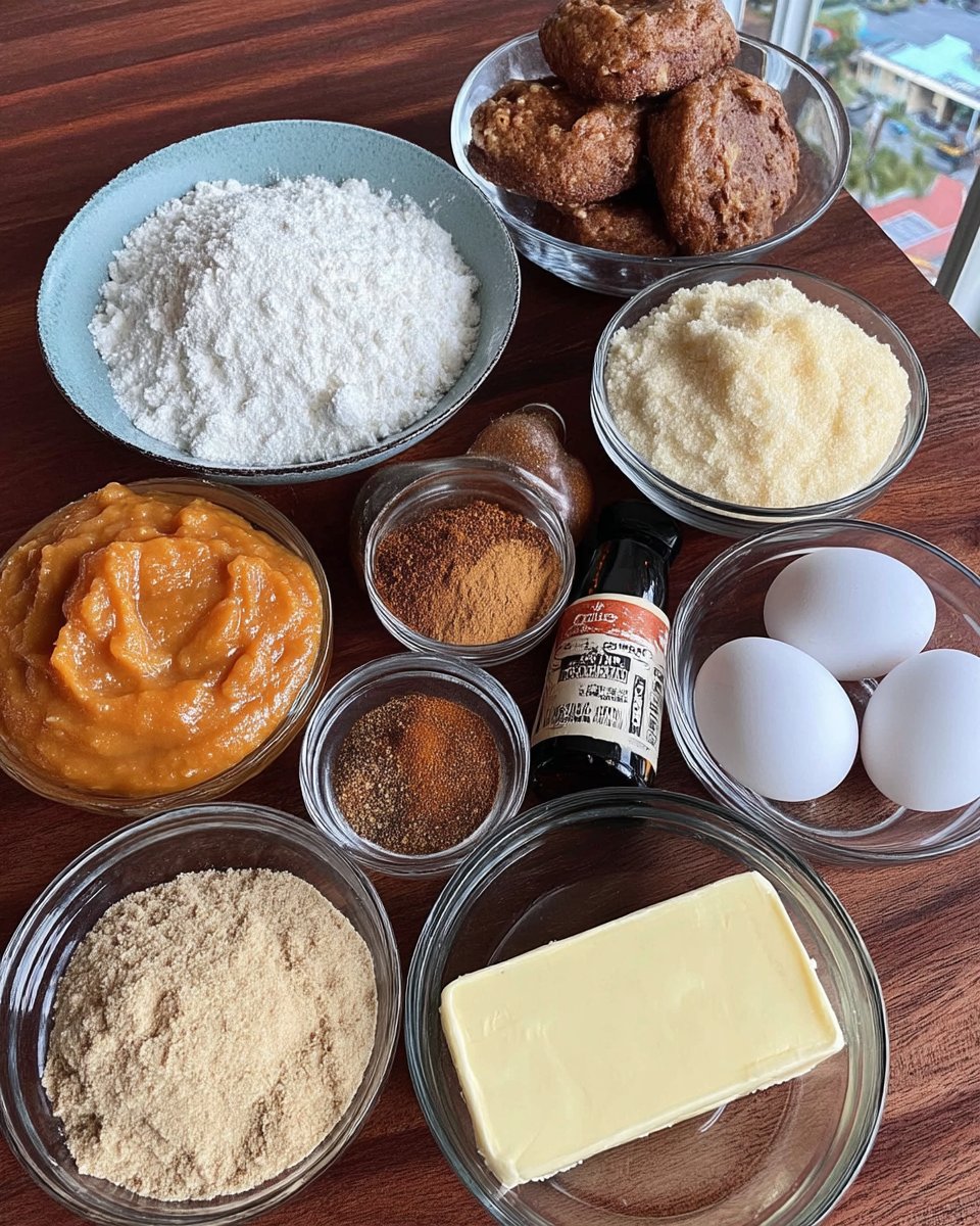 Ingredients for pumpkin pie cookies including puree and spices
