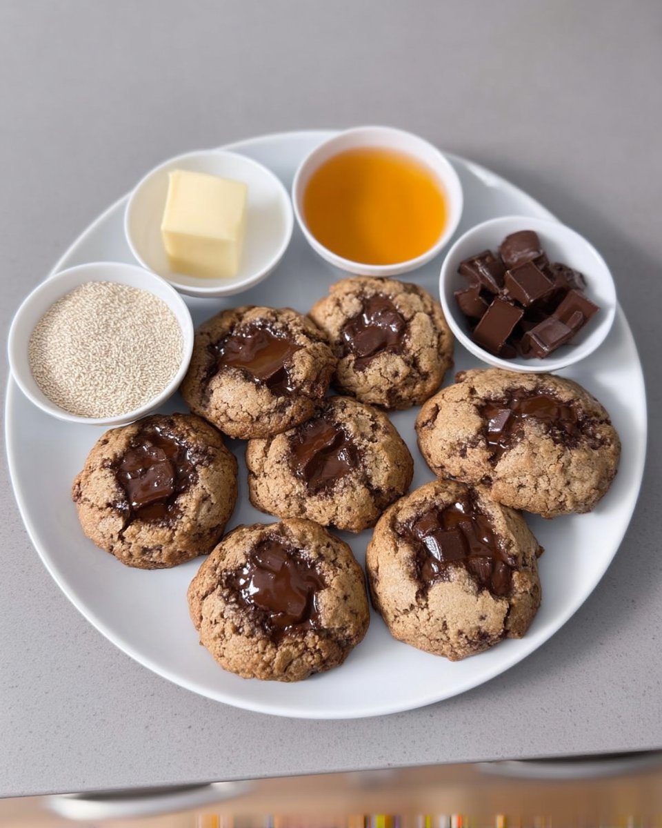 Ingredients for tahini cookies including a jar of sesame paste and cane sugar