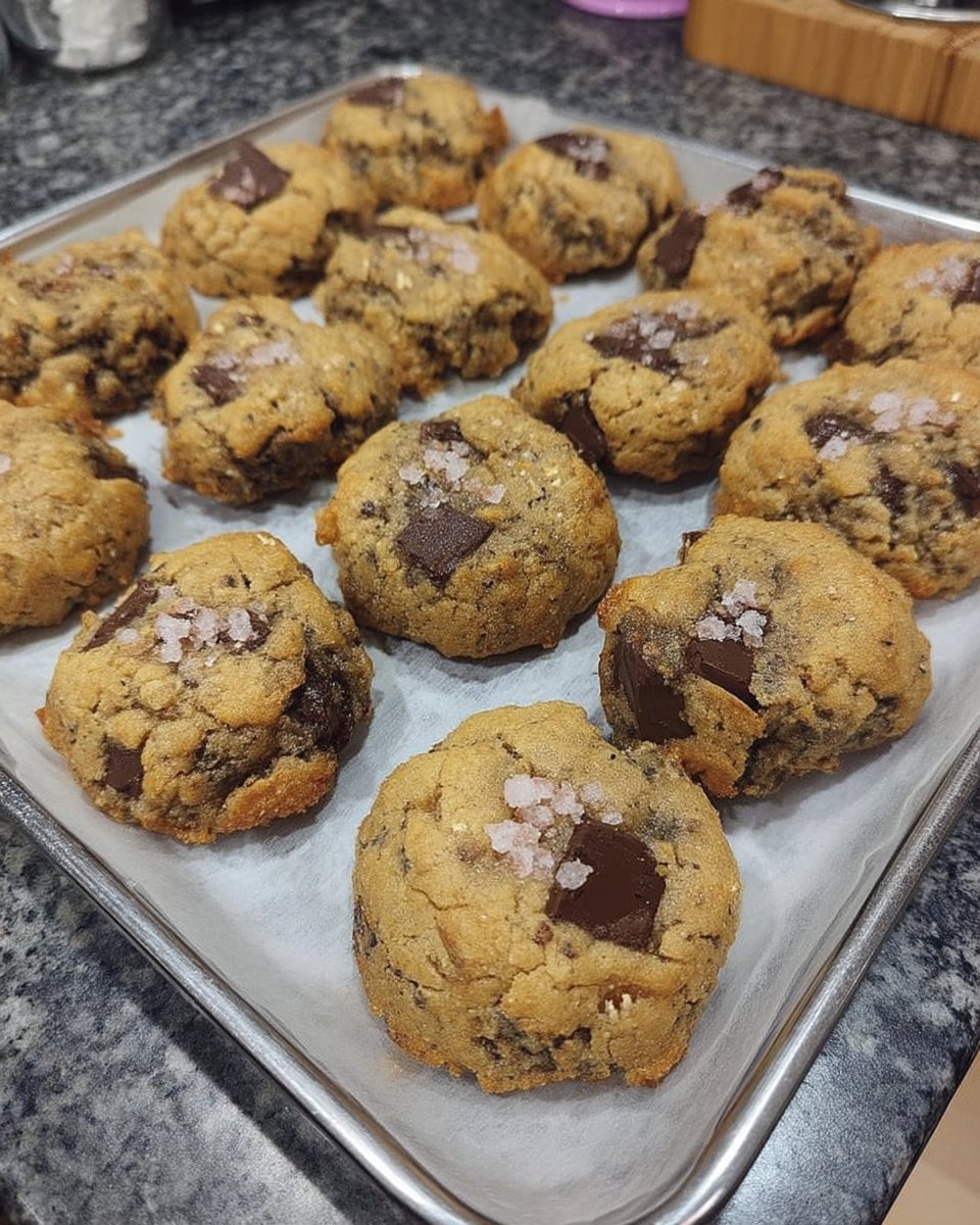 Using a round cutter to reshape a warm cookie on a baking sheet.
