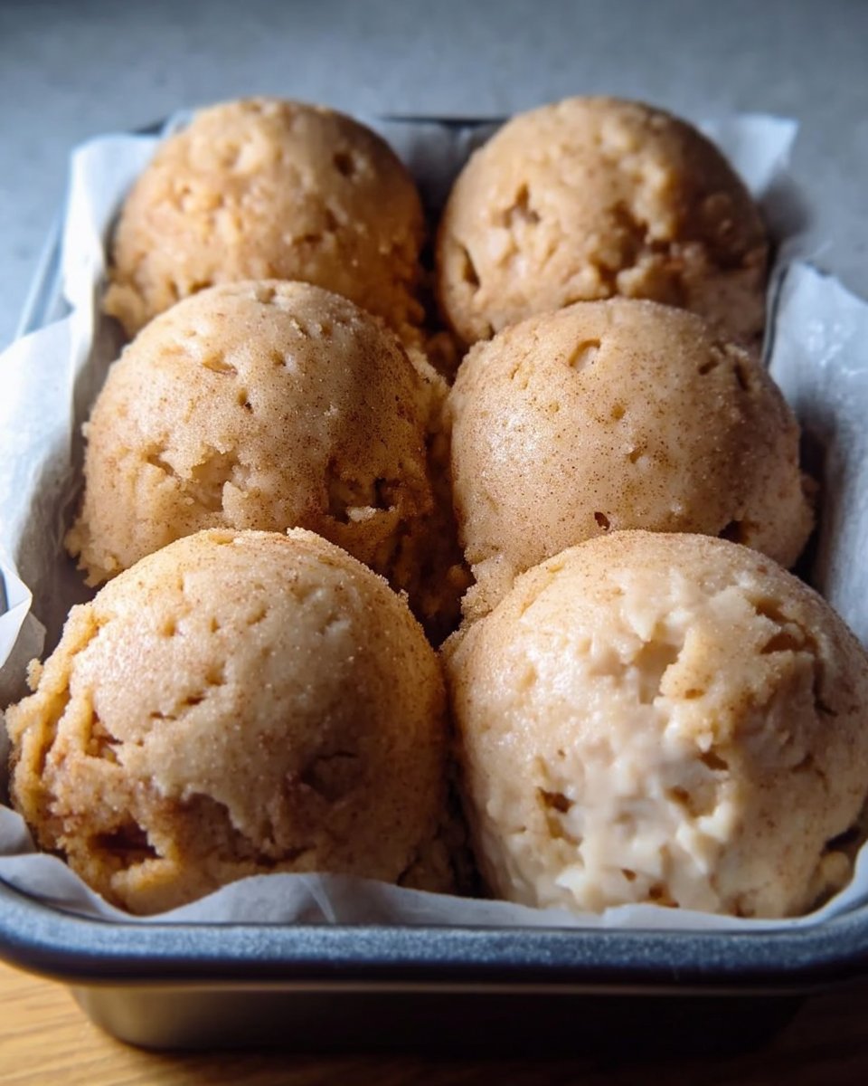 Cookie dough balls being rolled in cinnamon sugar