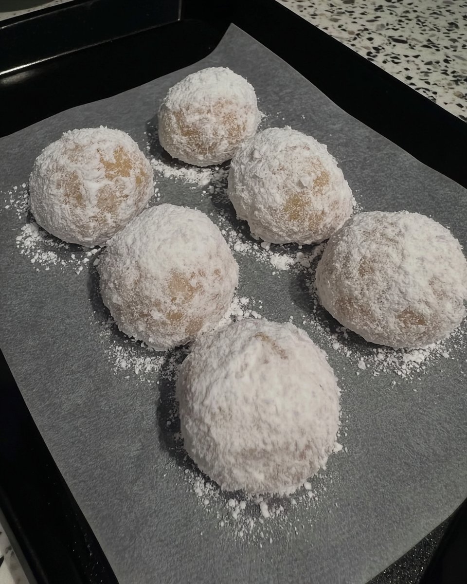 Cookie dough balls being rolled in powdered sugar