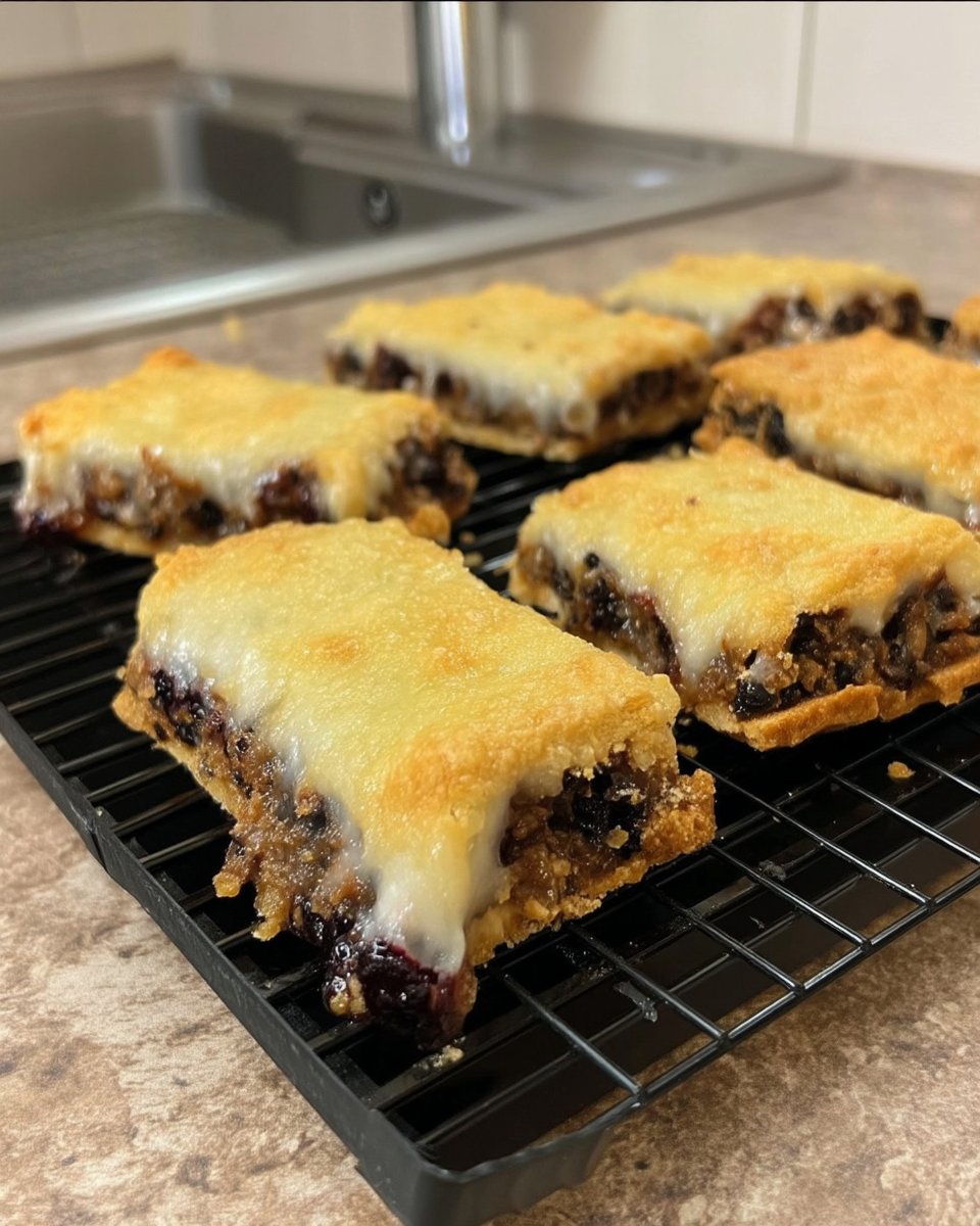 Rolling out a thin rectangle of biscuit dough with fruit sandwiched inside.