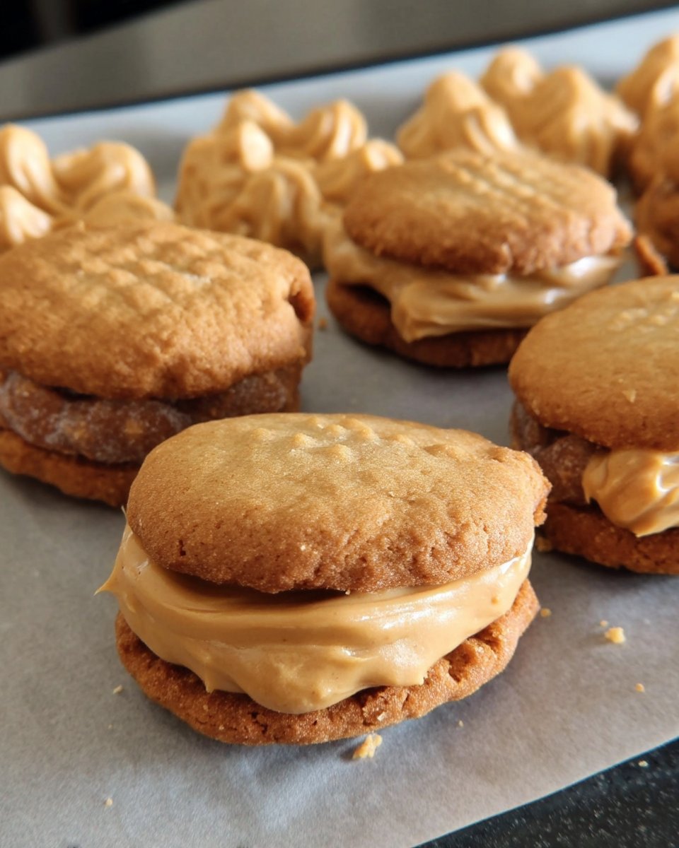 Assembling the peanut butter sandwich cookies with creamy filling