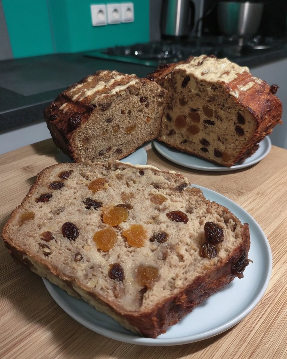 A slice of Bara Brith with a thick layer of butter next to a cup of hot tea