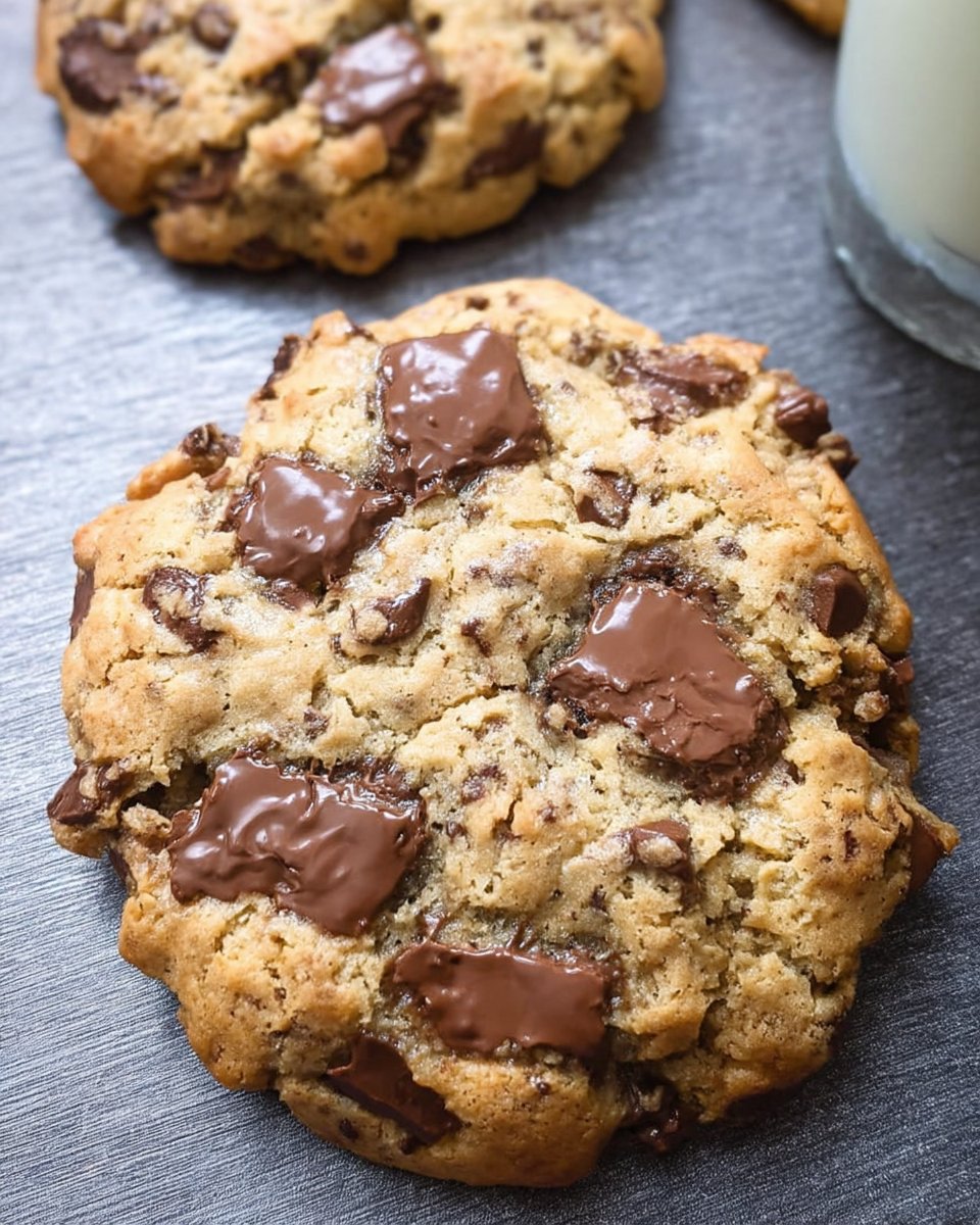 Chocolate chip cookies served on a wire rack next to a glass of milk