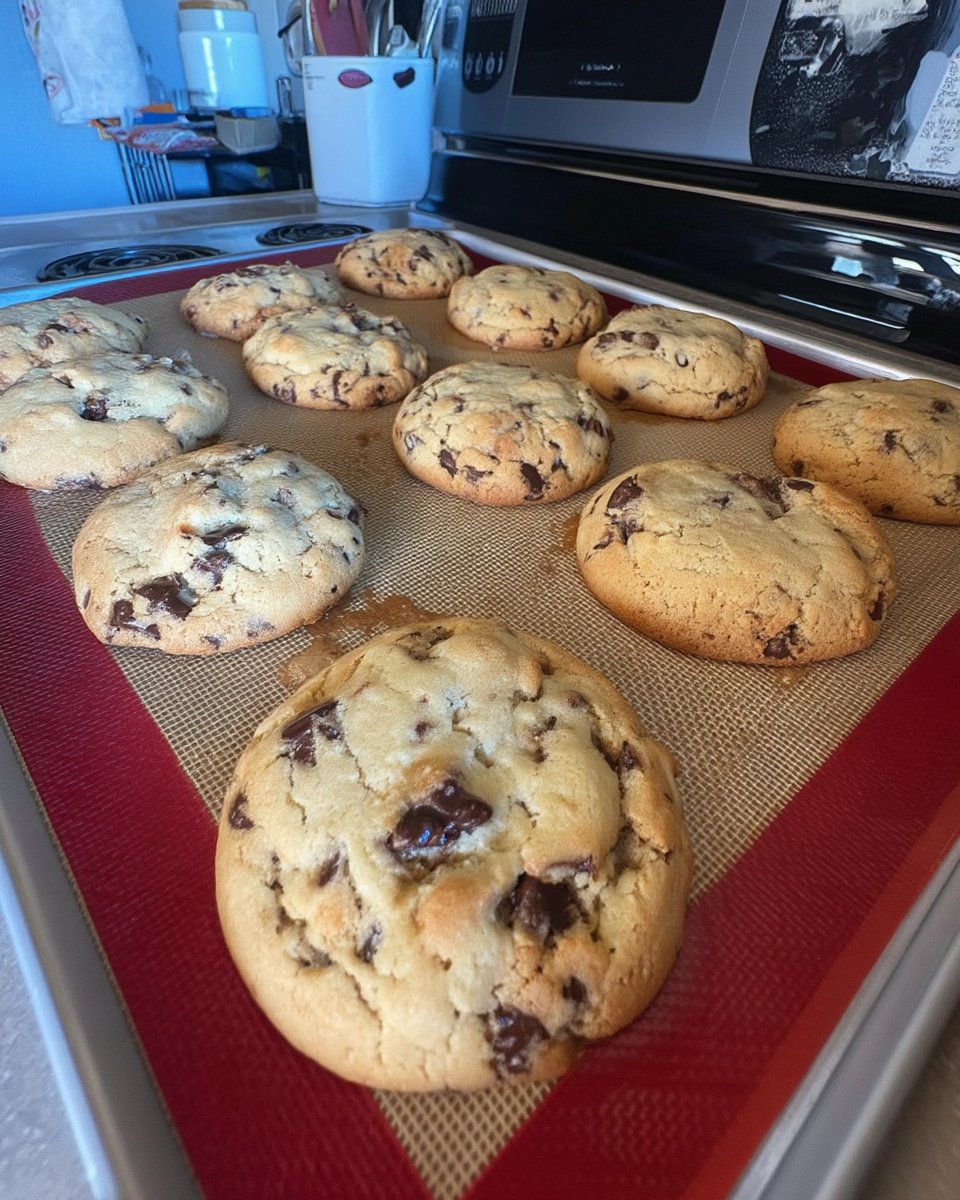 A stack of chocolate chip cookies next to a glass of cold milk
