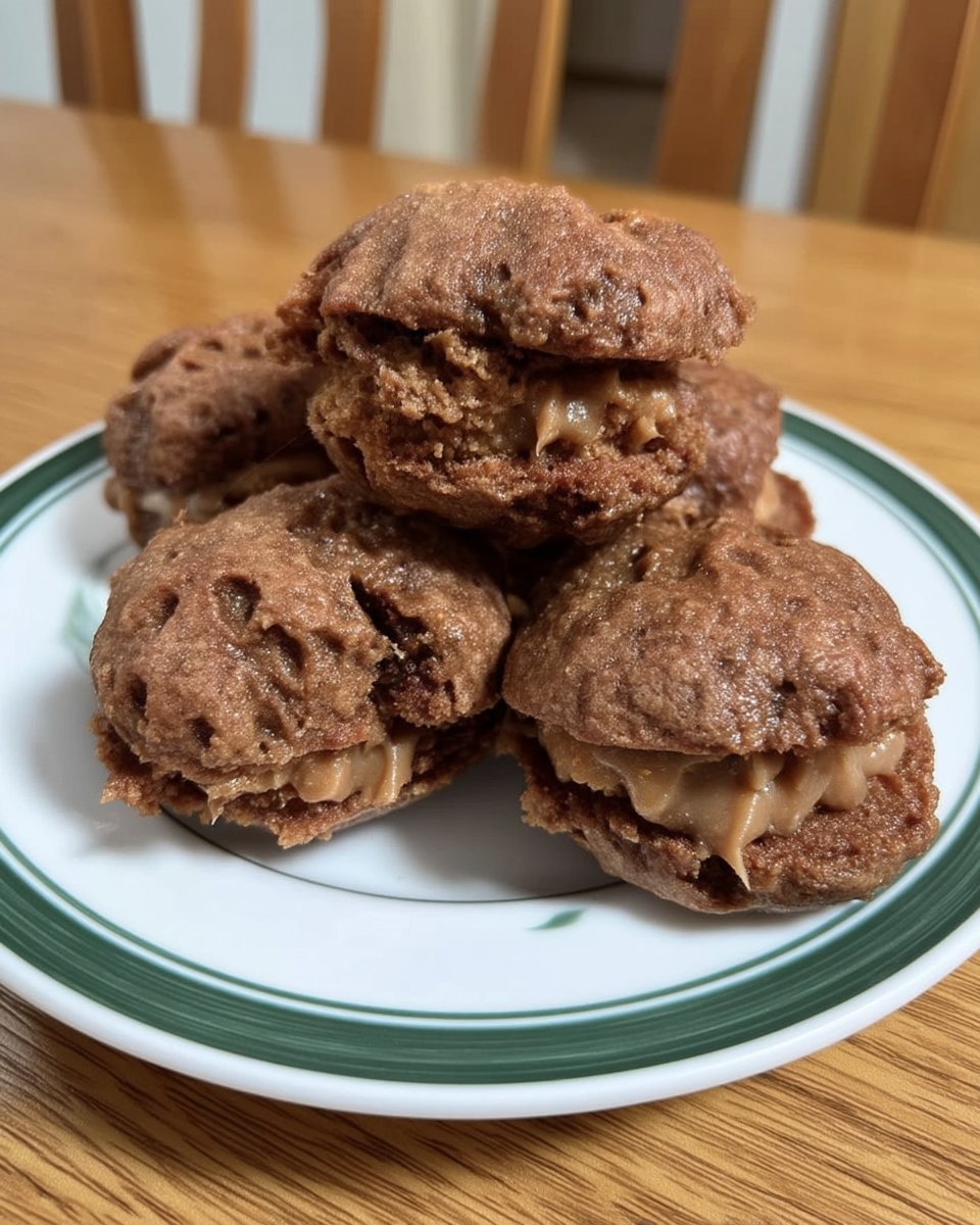 A stack of peanut butter sandwich cookies next to a cup of tea