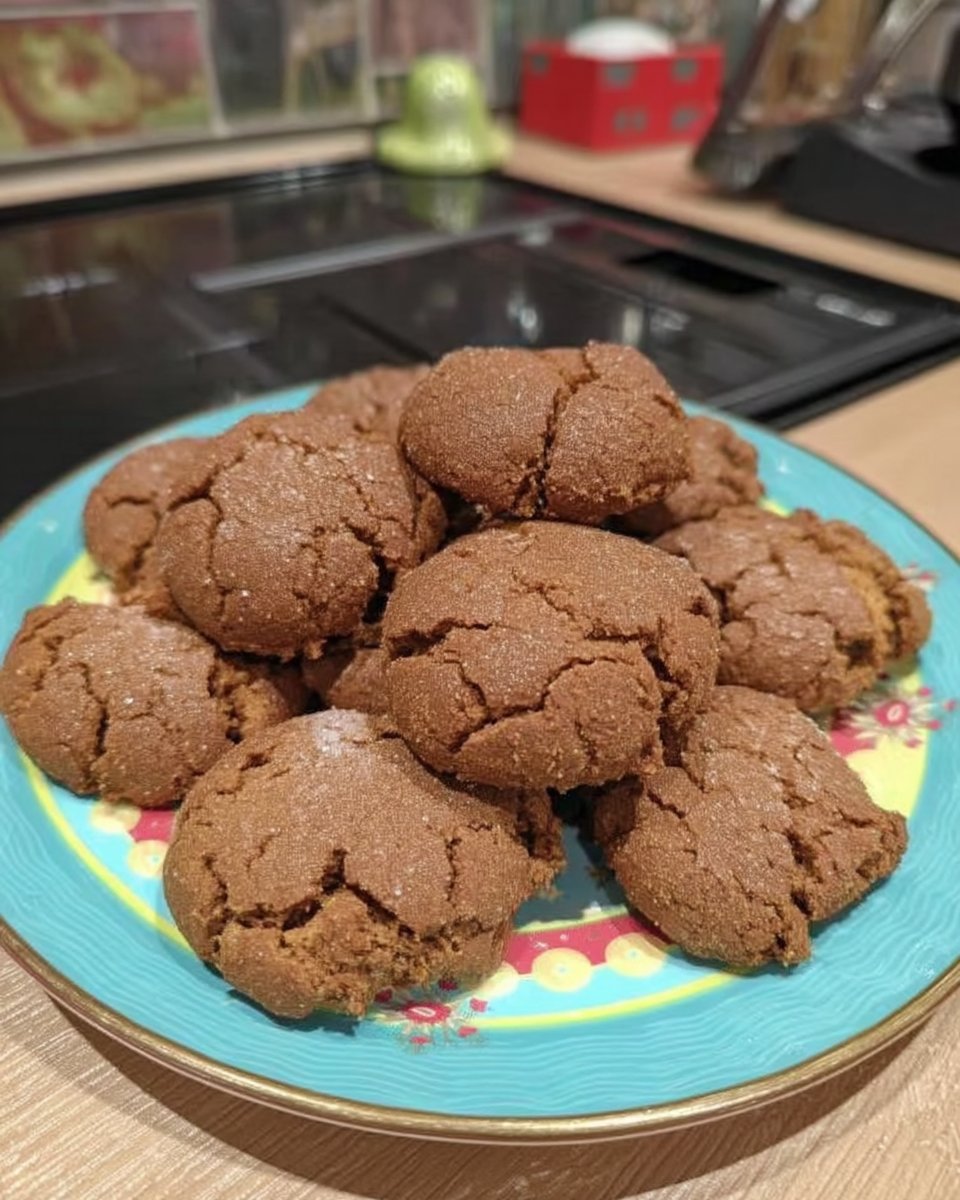 A stack of black pepper ginger cookies served on a rustic plate with a cup of tea