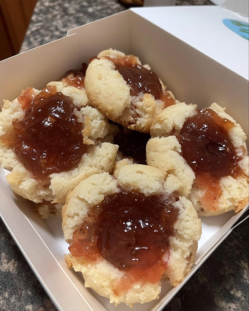 Jam thumbprint cookies served on a plate with a cup of tea