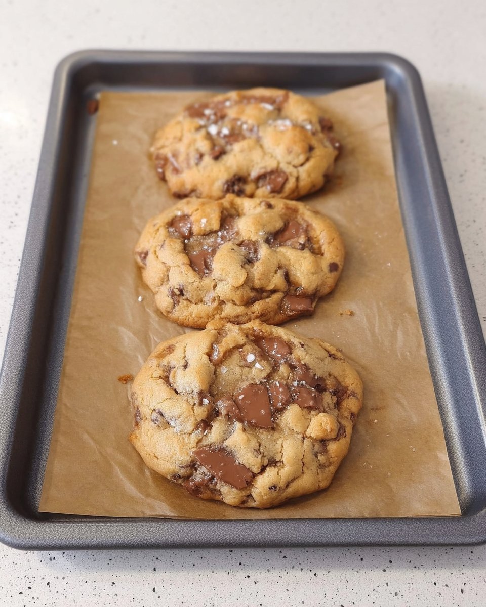 A thick chocolate chip cookie next to a glass of cold milk