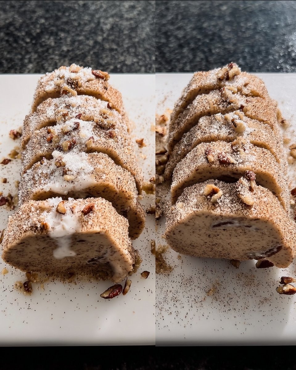 A sharp knife slicing through a chilled log of pecan shortbread