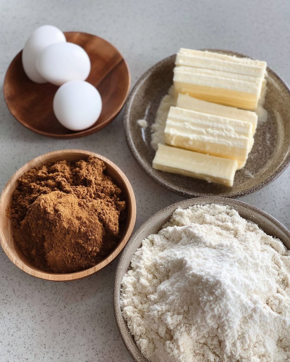 Ingredients for snickerdoodles including cream of tartar, baking soda, and flour on a marble surface.