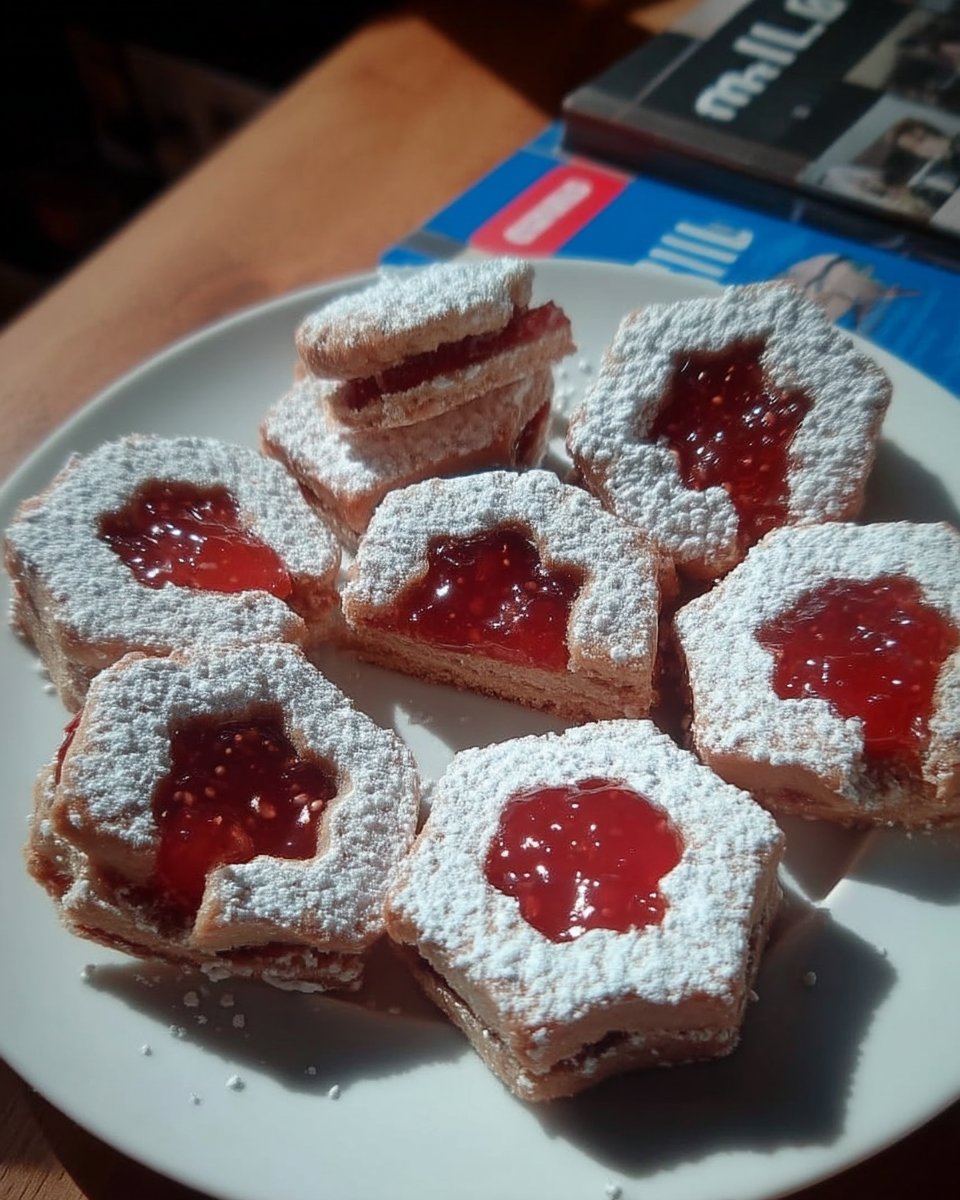 Spitzbuben cookies served on a plate next to a cup of coffee