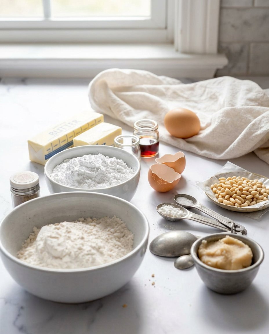 Ingredients for pignoli cookies including almond paste and pine nuts