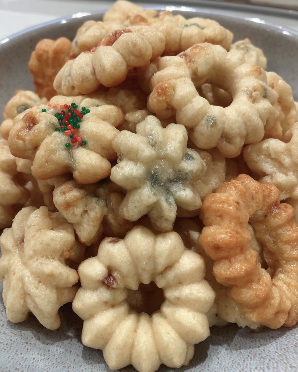 A tray of beautifully shaped almond spritz cookies with a golden hue