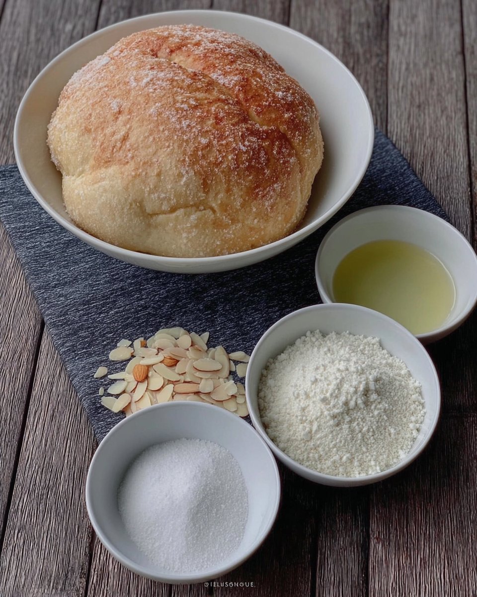 Ingredients for Amygdalota including almond flour, eggs, and sugar.