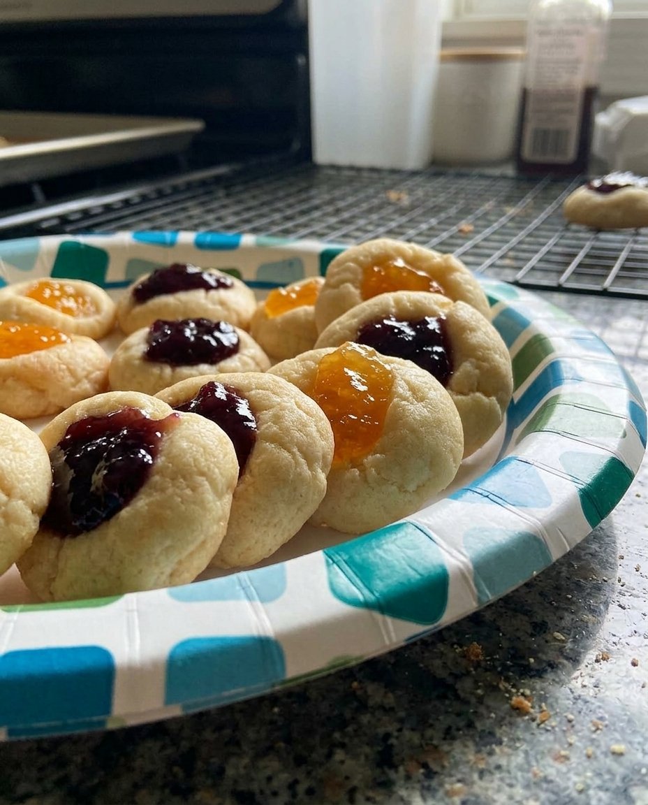 A close up of apricot thumbprint cookies with golden edges and bubbling jam
