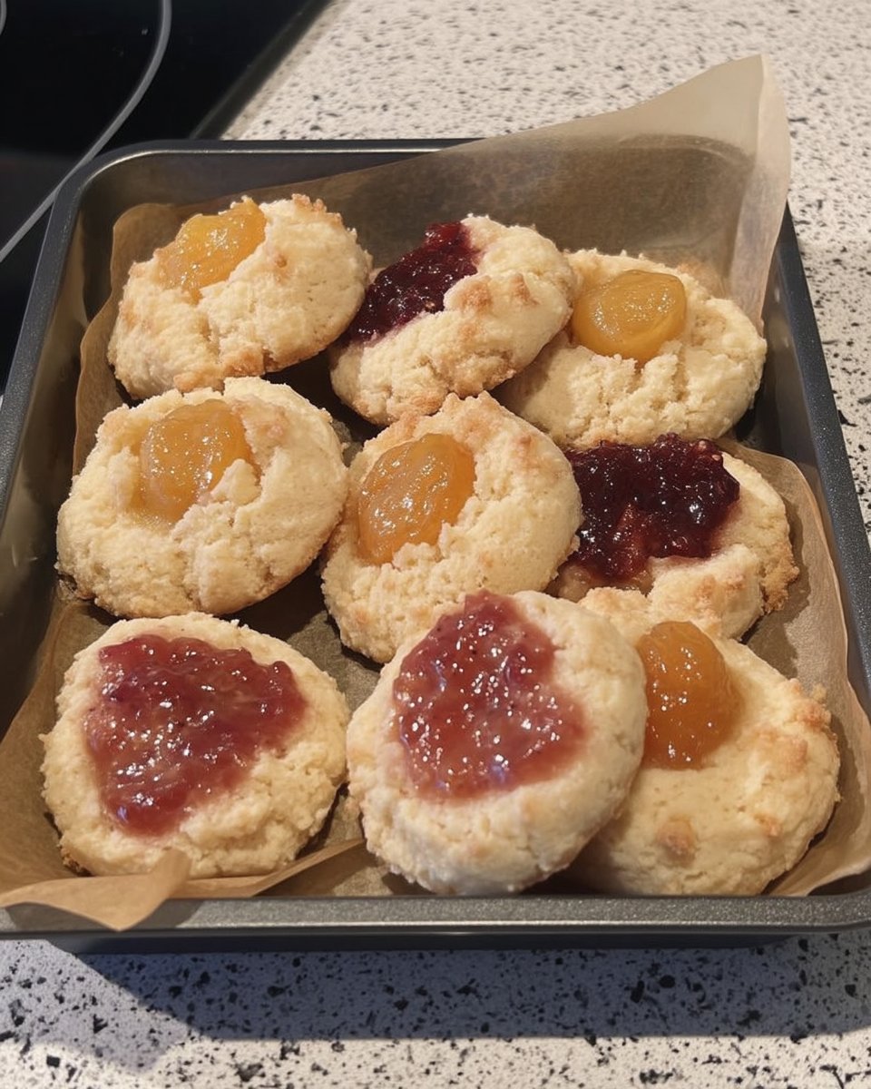 Cooled apricot thumbprint cookies arranged on a wire rack