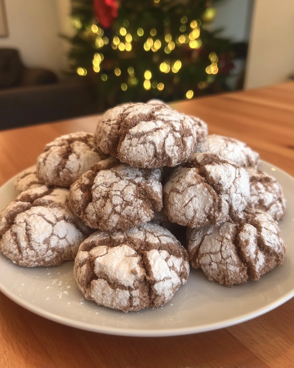 A tray of freshly baked Amaretti Cookies with a snowy powdered sugar coating