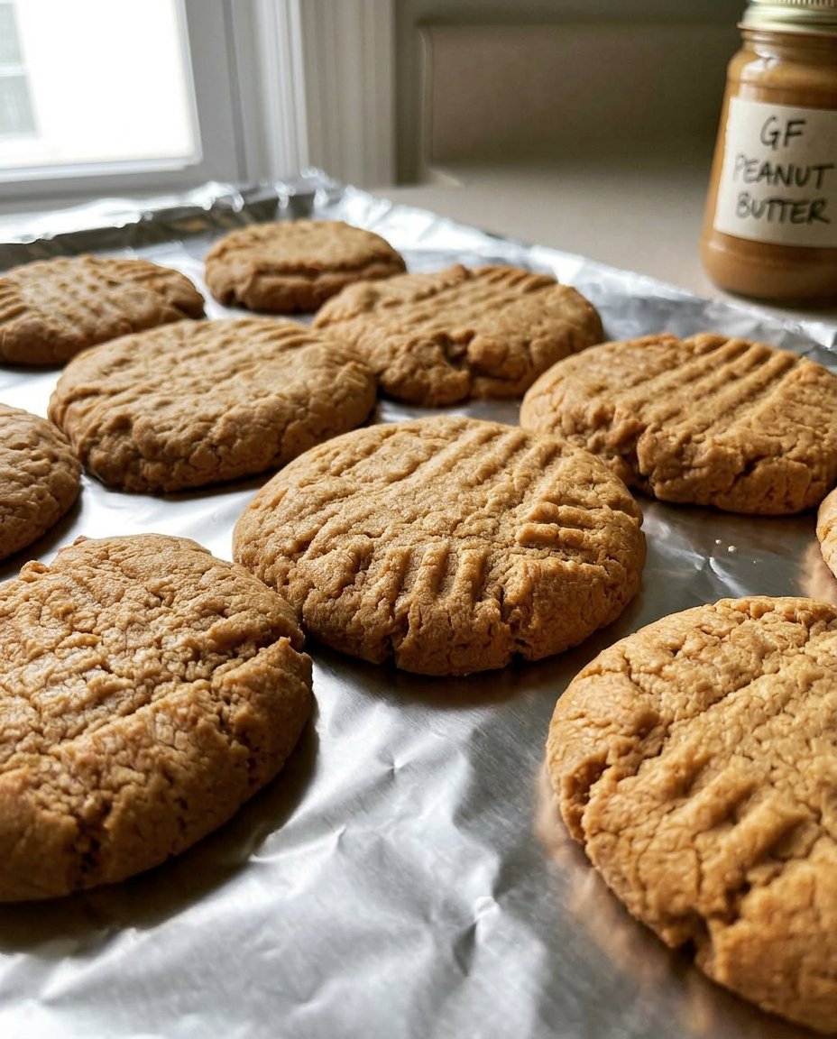 Soft and cracked gluten free peanut butter cookies on a cooling rack