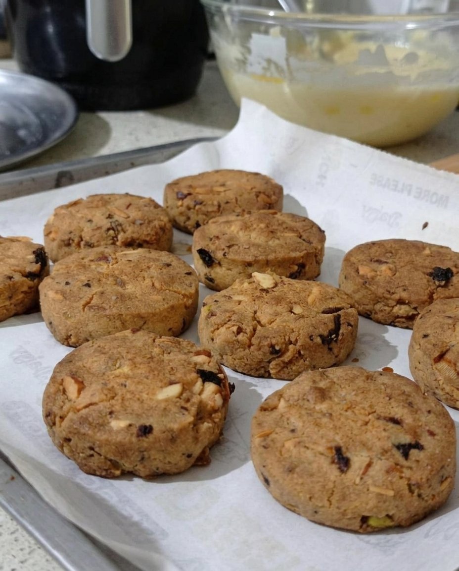 A stack of golden Naan Khatai cookies garnished with pistachios and rose petals.